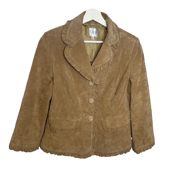 Vintage Suede Leather Blazer Jacket Tan Brown Boho Ruffle Trim Alice Blue S - Picture 4 of 17